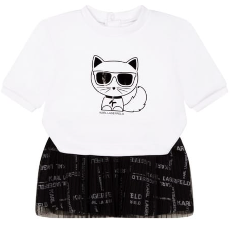 Karl Lagerfeld Kids - Vestido blanco y negro con falda plisada estampada
