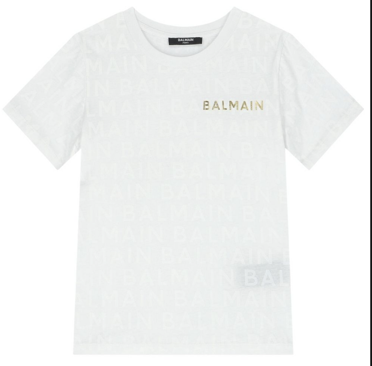 Balmain Paris Playera Blanca Logo Dorado All Over