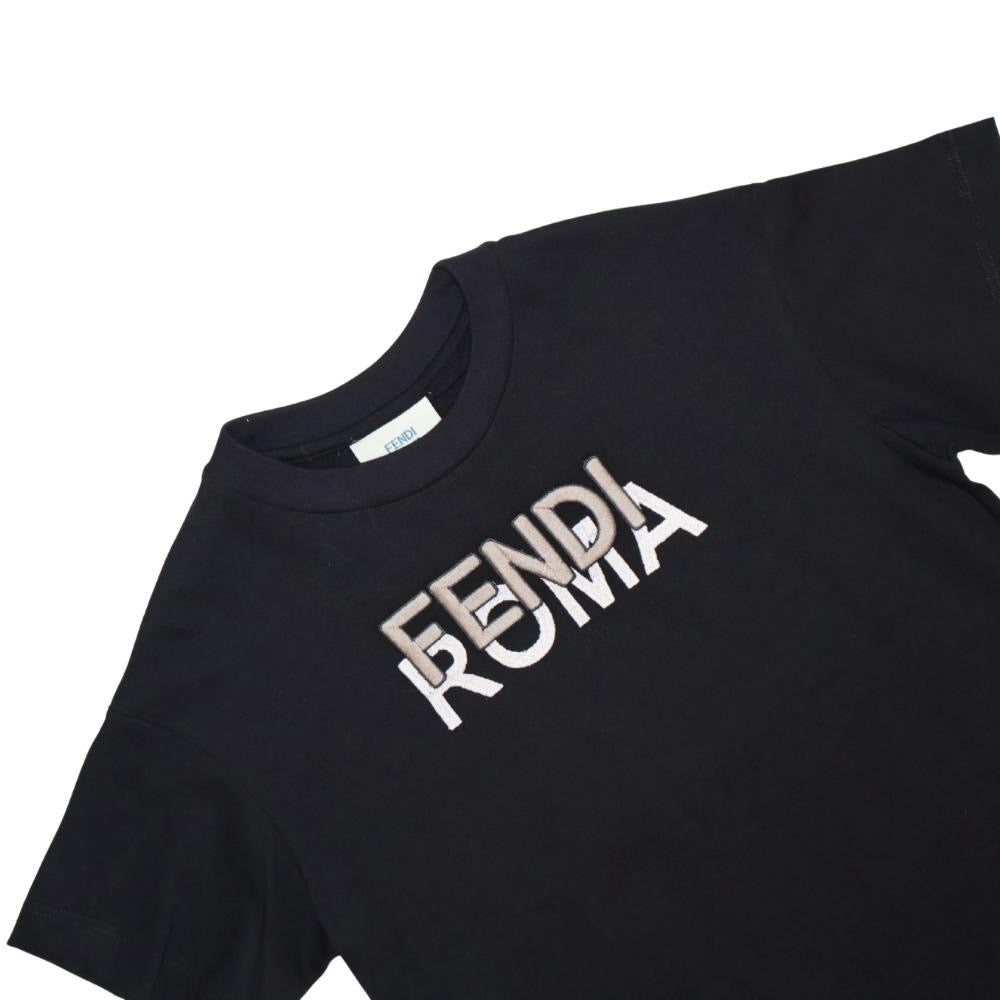 Fendi Kids - Playera Negra Logo Fendi Roma Bicolor Bordado 3D