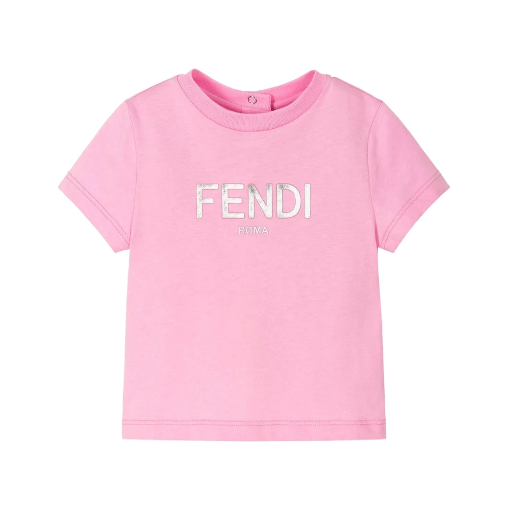 Fendi Playera Rosa Fucsia Niño Logo Plateado