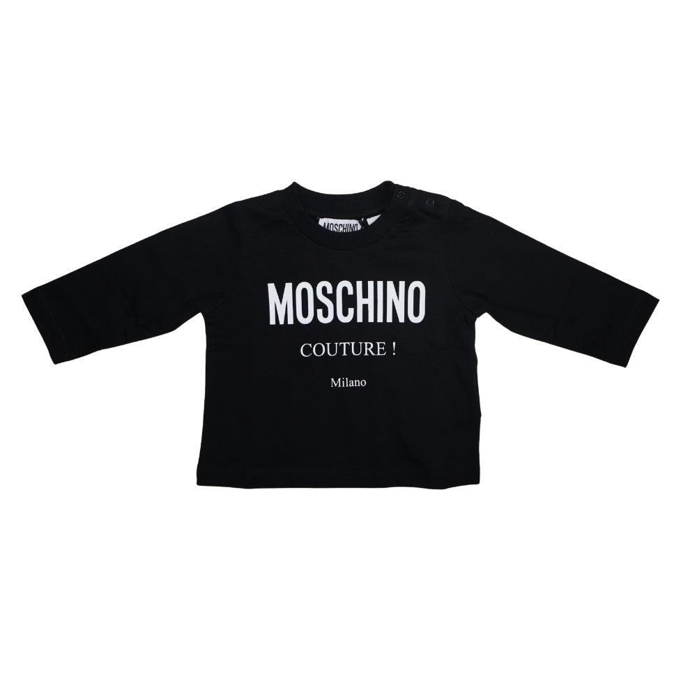 Moschino Baby – Playera Negra de Manga Larga con Logo Couture Milano