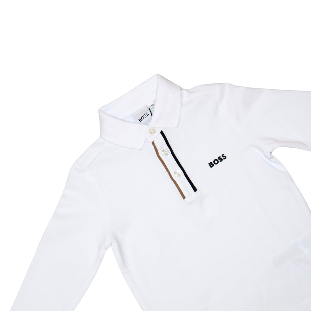 BOSS Polo de Manga Larga para Niño – Blanco con Detalle de Tricolor