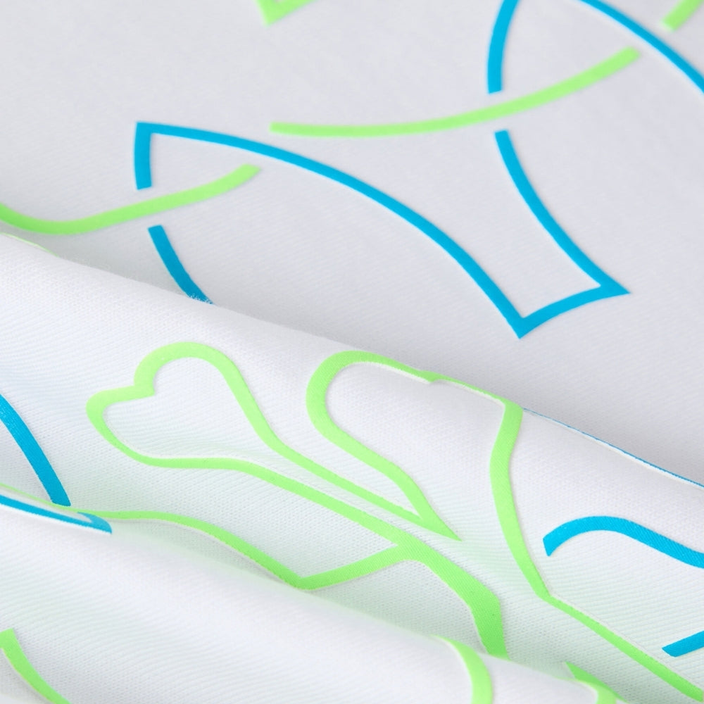 Playera Psycho Bunny Blanca con Logos en Verde y Azul Neón