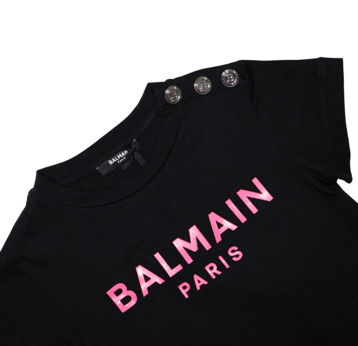 Balmain Paris Playera Negra Logo Rosa con Botones