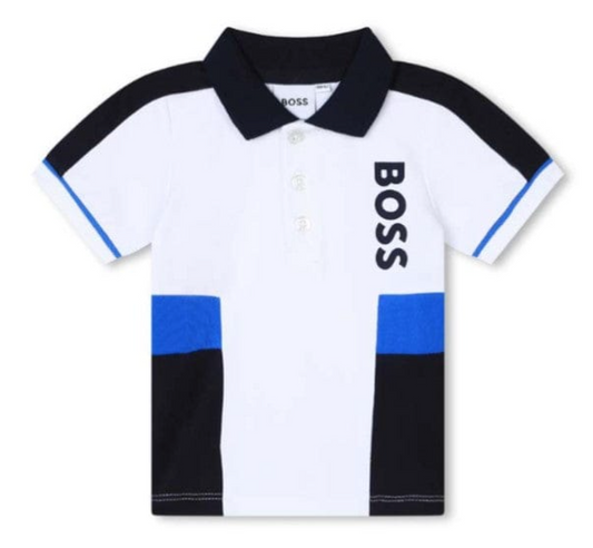Polo BOSS blanco con bloques de color azul y negro