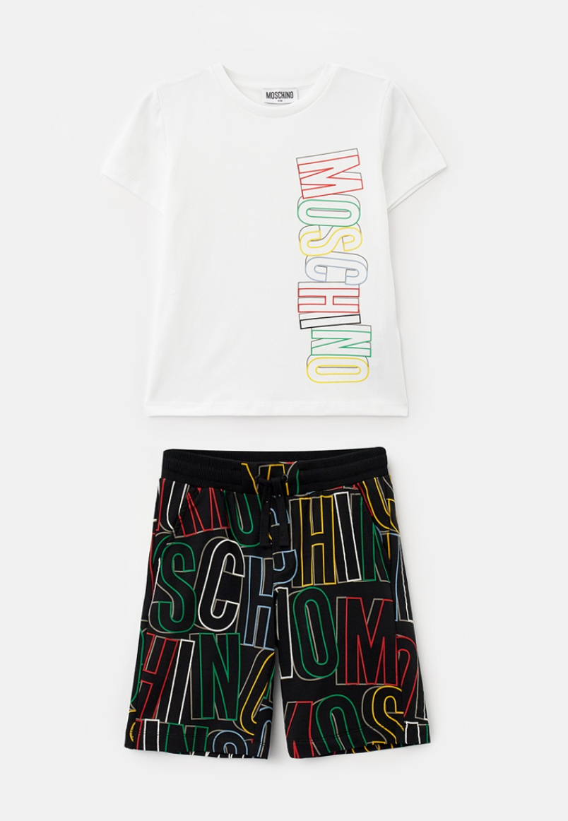 Moschino – Set de camiseta blanca y shorts negros multicolor con logo