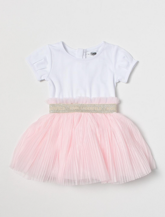 Karl Lagerfeld Kids - Vestido blanco con falda rosa plisada