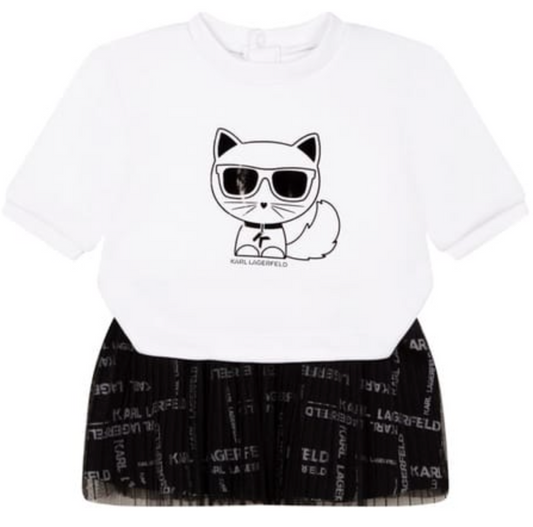 Karl Lagerfeld Kids - Vestido blanco y negro con falda plisada estampada