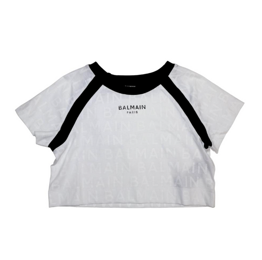 Balmain Paris Crop Top Blanco con Detalles Negros