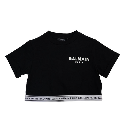 Balmain Paris Crop Top Negro con Cintura Logo
