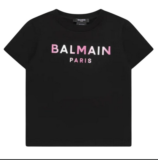 Balmain Paris Playera Negra Logo Rosa