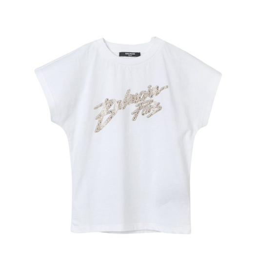 Balmain Paris Playera Blanca Logo Cristales