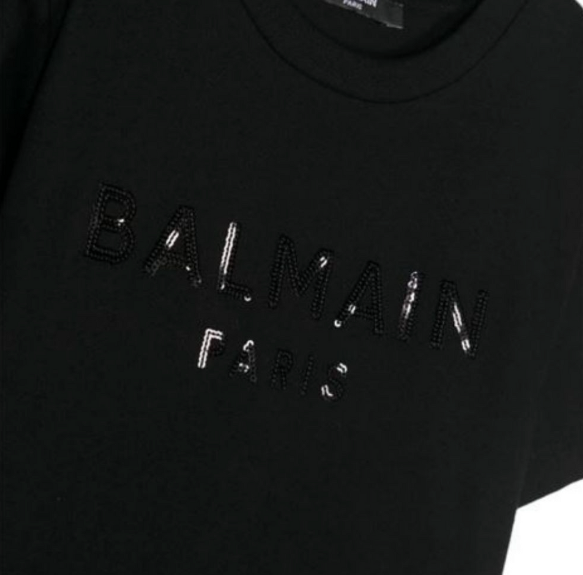 Balmain Paris Playera Negra Logo con lentejuela