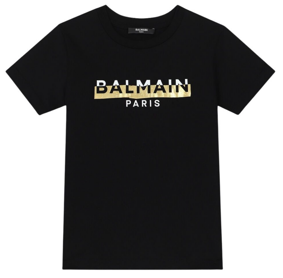 Balmain Paris Playera Negra Logo Blanco con Franja Dorada