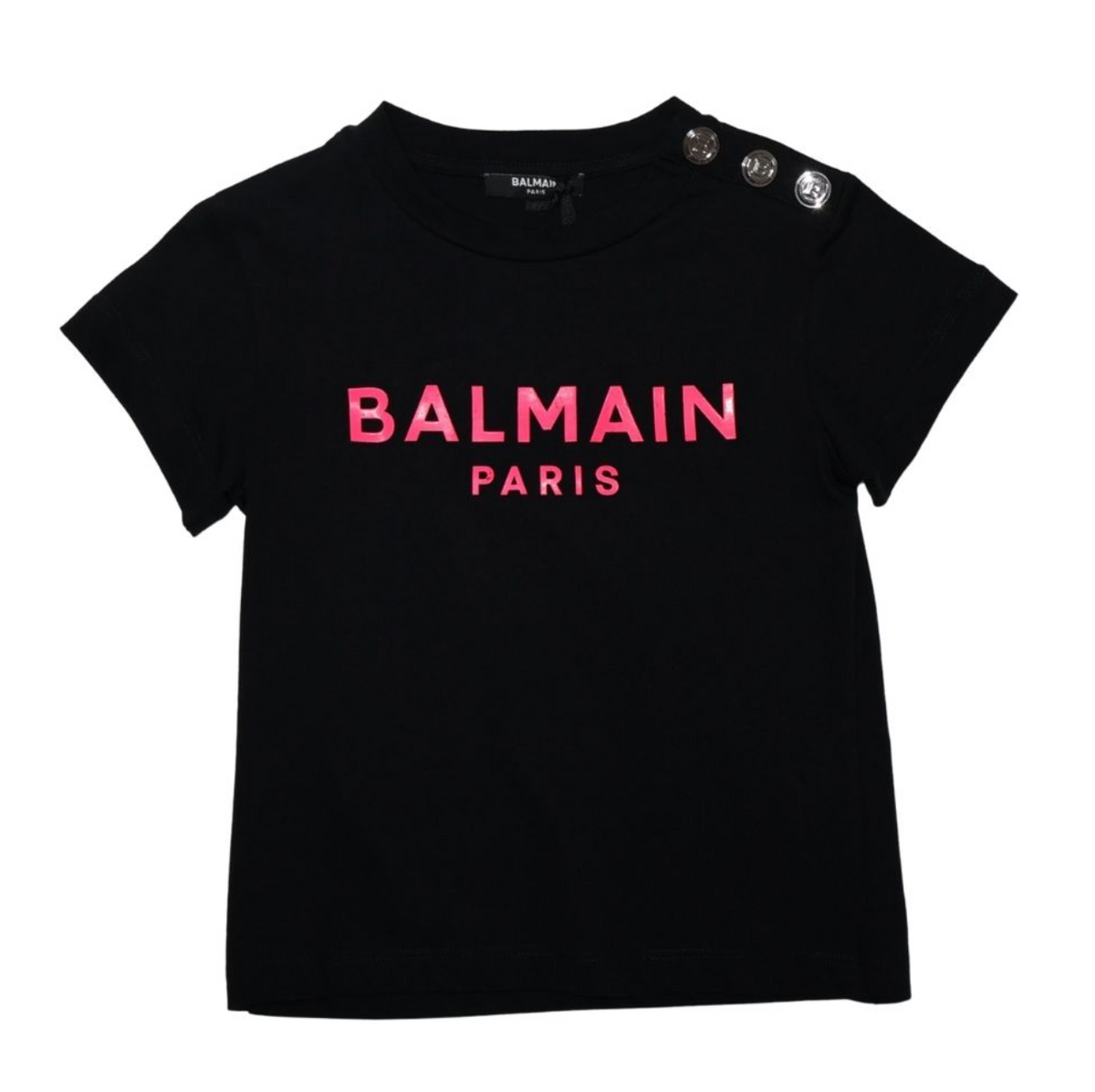 Balmain Paris Playera Negra Logo Rosa con Botones