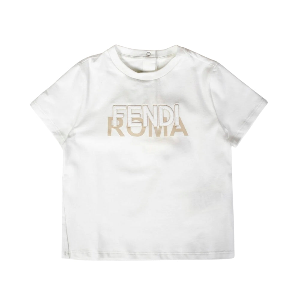 Fendi Kids Playera Blanca Logo Roma 3D Dorado