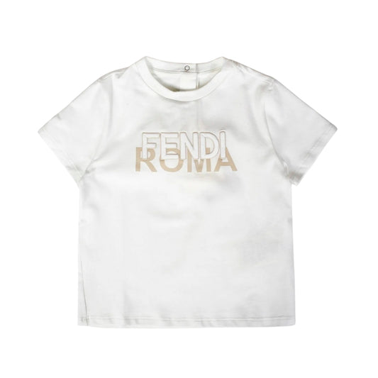 Fendi Kids Playera Blanca Logo Roma 3D Dorado