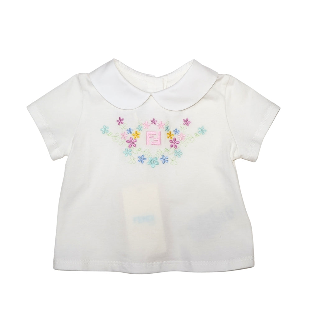 Fendi Kids Playera Blanca con Cuello Peter Pan y Bordado Floral