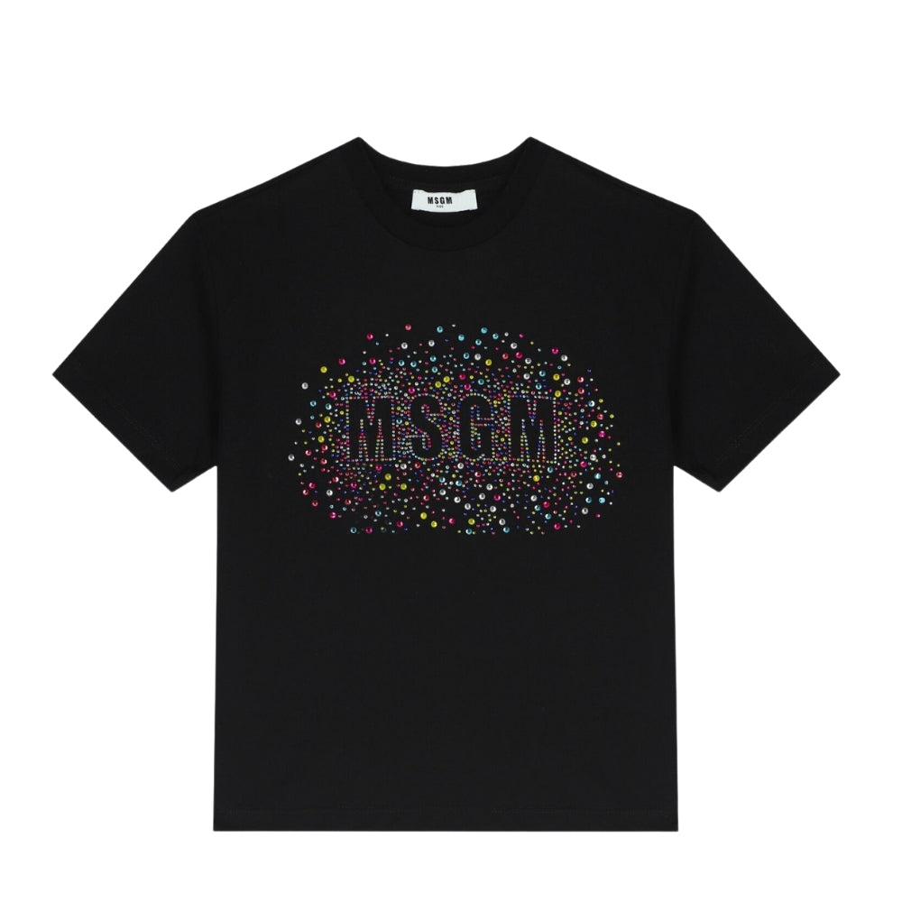 MSGM Playera Negra Niña Logo Multicolor Cristales