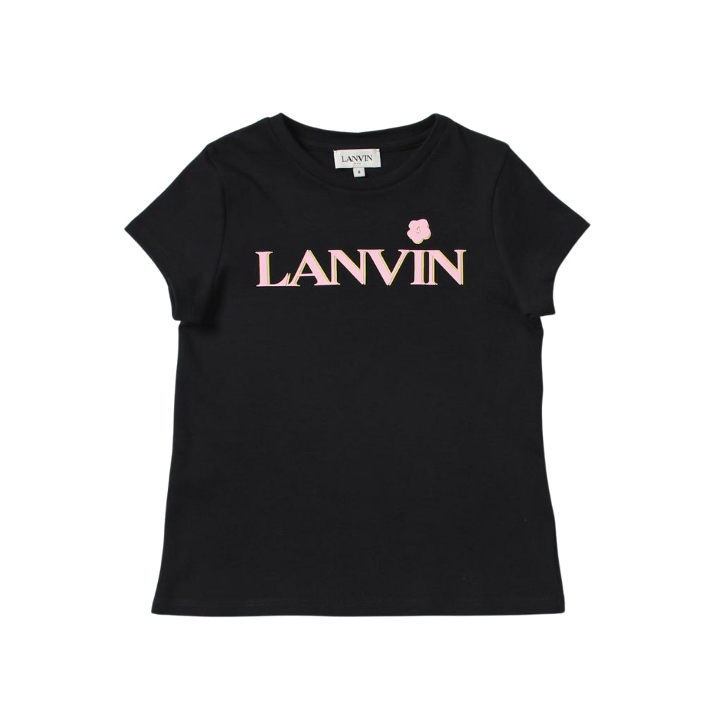 Lanvin Playera Negra Niña Logo Rosa con Flor