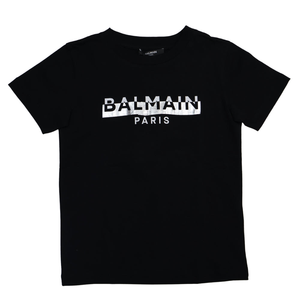 Playera Balmain Paris para niña en negro con logo plateado