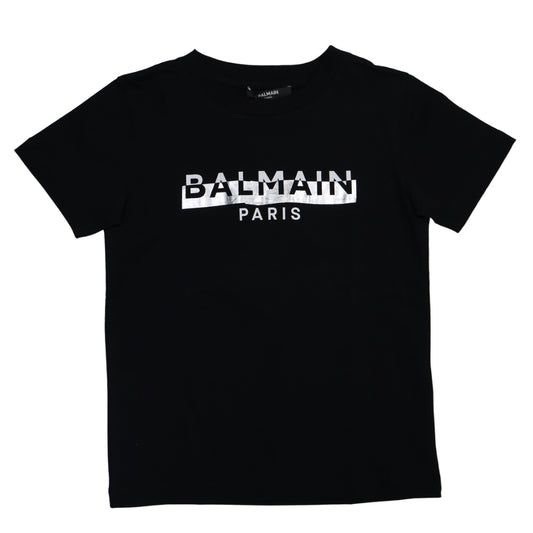 Playera Balmain Paris para niña en negro con logo plateado
