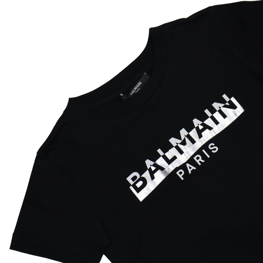 Playera Balmain Paris para niña en negro con logo plateado