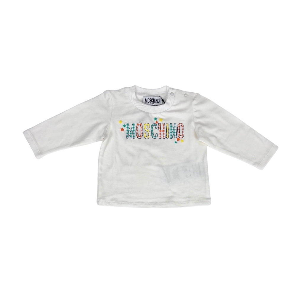 Moschino Baby – Playera Blanca de Manga Larga con Logo Multicolor