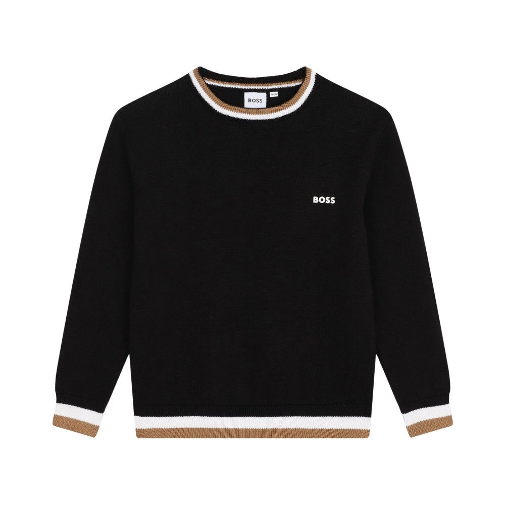Suéter Negro para Niño BOSS con Detalles Beige y Blanco