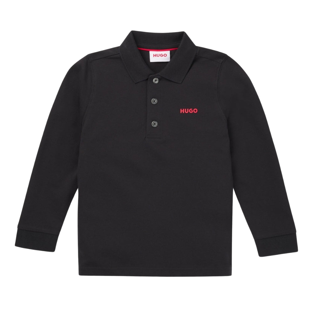 Polo de manga larga HUGO negro con logo rojo