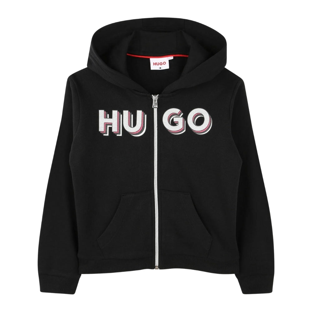 Sudadera con capucha HUGO  negra con cierre y logo 3D