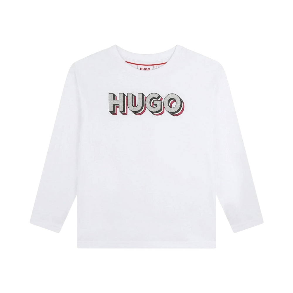 Camiseta de manga larga HUGO Boss blanca con logo 3D