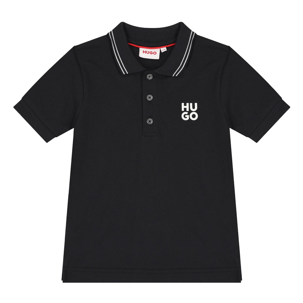 Polo Hugo Negro Para Niño con Logotipo Blanco