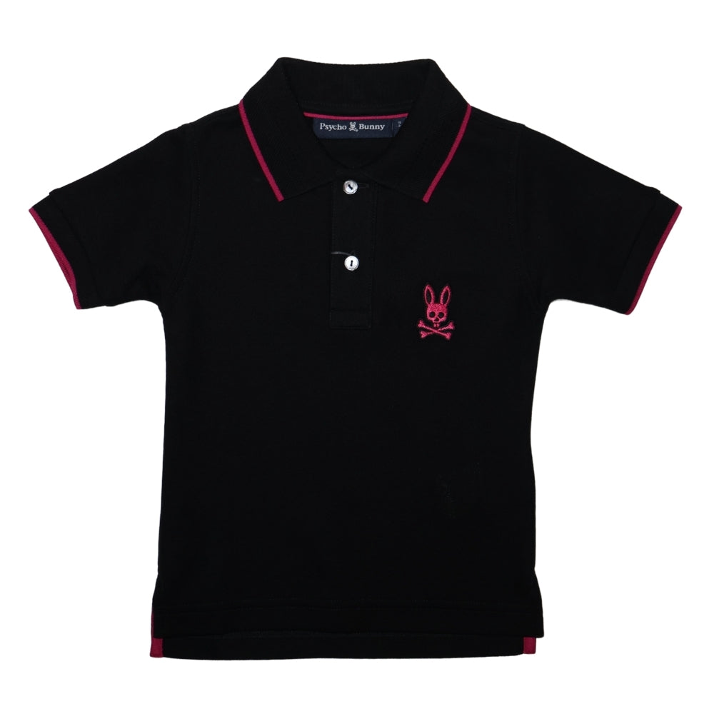 Psycho Bunny polo negro con bordado rosa de conejo y calavera