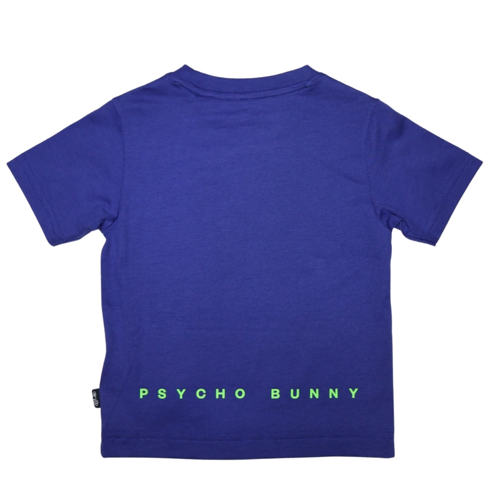 Psycho Bunny playera azul con estampado pequeño de conejos y logotipo trasero