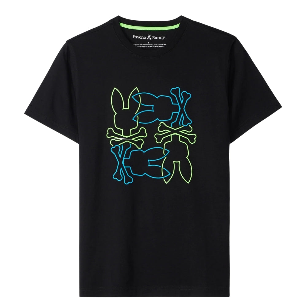 Playera Psycho Bunny Negra con Logos en Verde y Azul Neón