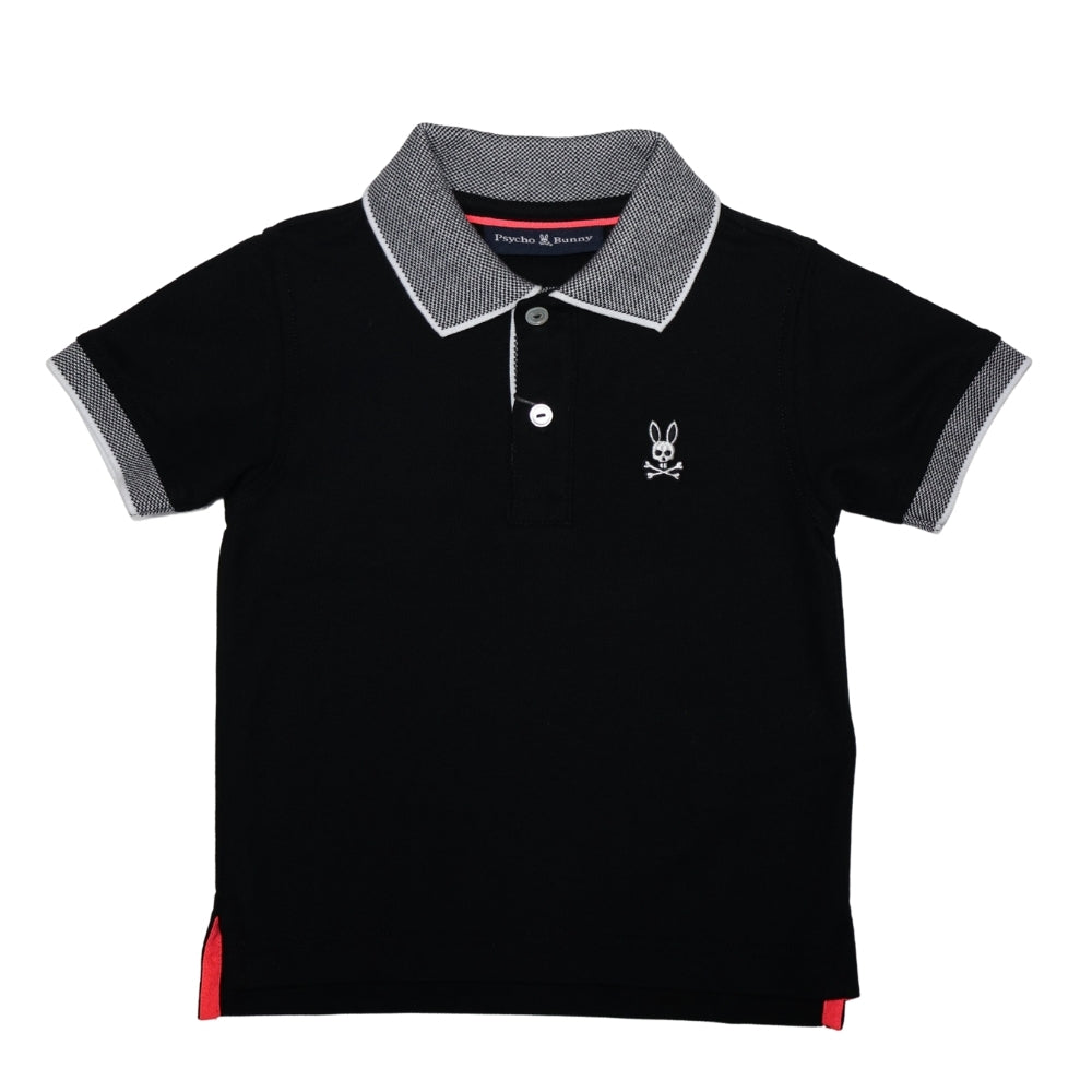 Psycho Bunny polo negro con bordado blanco y detalles en cuello y mangas gris